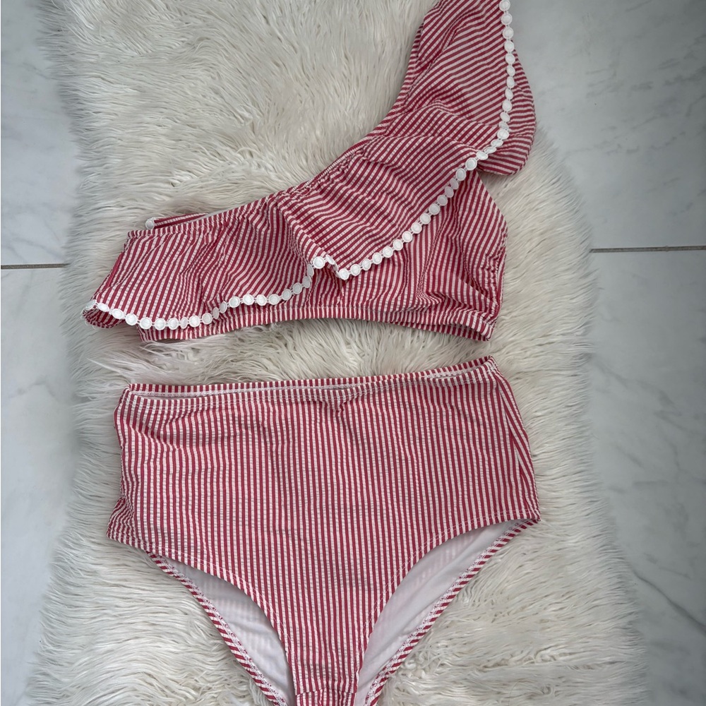 J. Crew Pink and Red Striped Swim Top